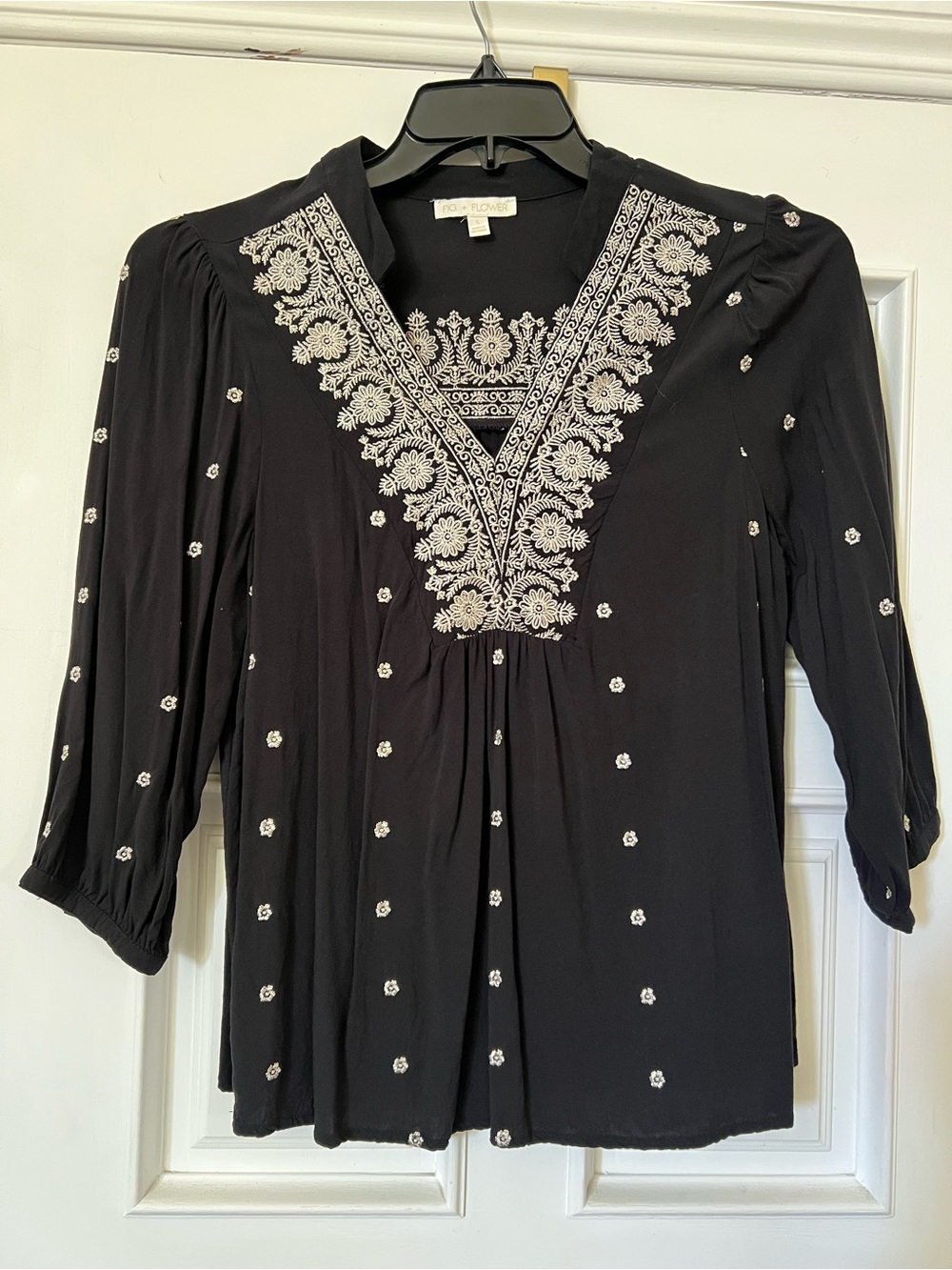 fig and flower Black Blouse with Cream Floral Embroidery